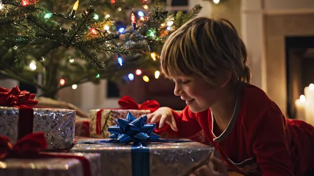 A child sneaks under the tree to peek at presents, candlelight flickers. New year 2026.Merry Christmas