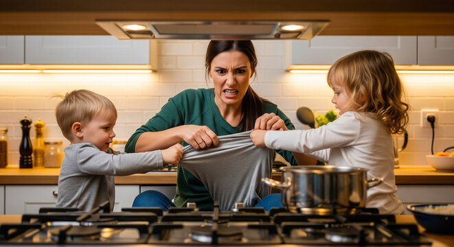Stressed Mother Struggles as Two Children Play Tug-of-War with Cloth in Kitchen