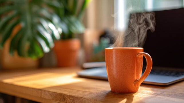 Warm coffee fills a bright orange mug while soft steam rises creating a cozy work atmosphere.