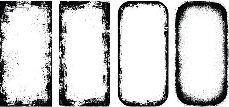Vector illustration of four isolated grunge frames with rough, textured edges and both sharp and rounded corners