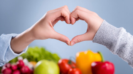 Two people holding hands in a heart shape over a table full of fruits