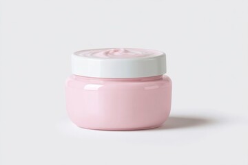 A single, elegant jar of luxurious pink cream stands gracefully on a pristine white background. The delicate pastel hue of the product, visible in a soft swirl on top and through the polished containe