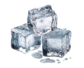 Three ice cubes stacked, with melted water droplets below