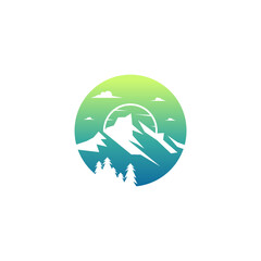 modern mountain silhouette and sky, sun, pine element logo design vector with flat style