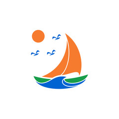 minimalist sailing boat and bird, sun element logo design vector with flat style