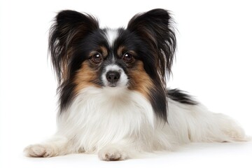 A charming, tri-color long-haired dog with distinctive large, fringed ears lies calmly on a clean white background, looking directly at the viewer with bright, alert eyes. Its fluffy black, white, and