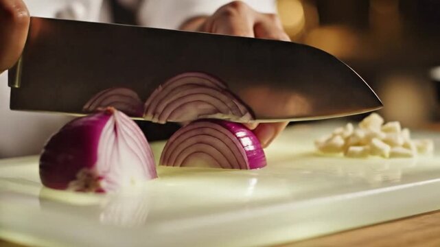 Macro cinematic slicing of onion and garlic with natural side light