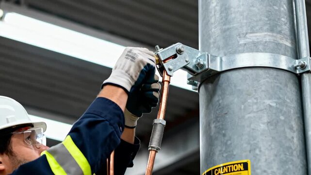 Closeup of a professional grounding a lightning protection device on a metal pole ensuring safe dissipation of electrical surges.