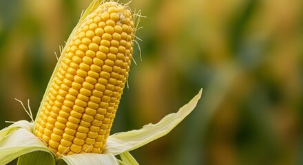 Golden ear of field maize, with rows of kernels and silky threads, stands against the greens.
