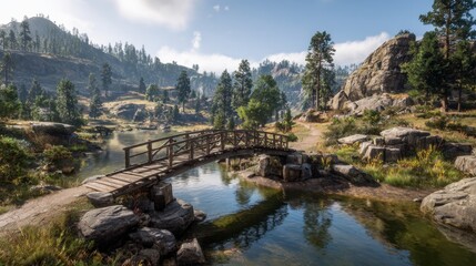 Fototapeta premium A beautiful wooden bridge crosses a peaceful lake. Lush green trees and rocky hills surround the scene.