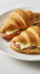 Two croissant sandwiches filled with ham and cheese on a white plate close up view