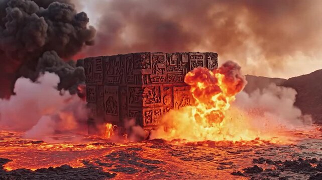 Ancient stone cube amidst volcanic eruption and flowing lava landscape