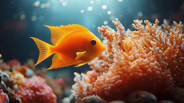 Golden Angelfish Amidst Coral: An enchanting golden angelfish glides gracefully through a vibrant coral reef, its scales shimmering in the diffused sunlight, creating a breathtaking underwater scene.