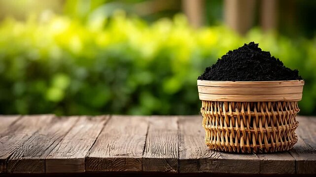 Biochar in Wicker Basket on Wooden Table with Green Background.