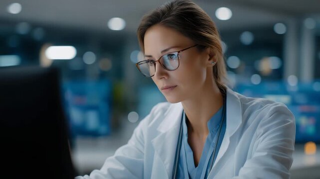 Medical researcher studying anonymized patient records with AI-assisted analytics, showing intrigue and focus, symbolizing predictive healthcare modeling, privacy-compliant data insights, and