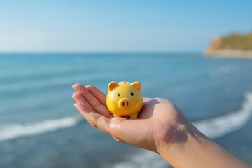 A person's hand gently cradles a cheerful yellow piggy bank, set against a serene, sunlit backdrop of a calm ocean and clear blue sky. This evocative image beautifully symbolizes financial planning, d