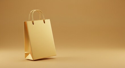 A luxurious gold shopping bag, symbolising elegance and style, standing on a gold surface.
