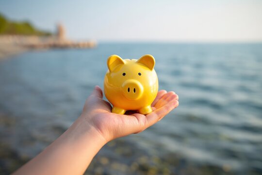 A vibrant yellow piggy bank is gently held in an open hand, set against a beautifully blurred background of sparkling blue water and a distant, serene coastline under warm sunlight. This evocative ima
