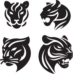 Stylized black panther head vector, fierce eyes, curved linework, negative space used creatively, minimal and bold logo, white background.