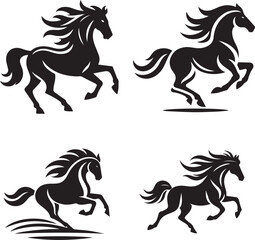 Black horse silhouette logo, galloping motion, dynamic lines, elegant vector design, minimalist flat icon, no background or white background.