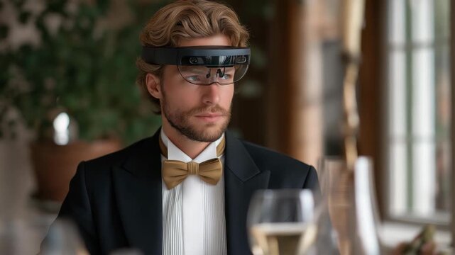 Professional butler discreetly monitoring dinner guests through smart AR glasses, emotion hidden under professionalism, blending advanced hospitality analytics with human sensitivity for elite