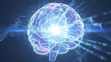 Artificial intelligence human brain digital concept with binary code and data flow on dark background - Powered by Adobe