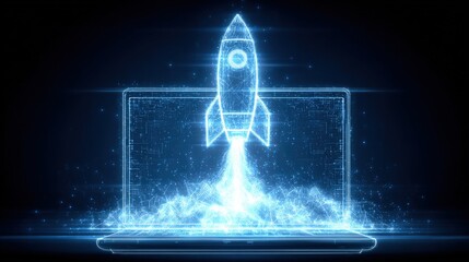 A blue glowing rocket is launching from a laptop, surrounded by shimmering particles. The scene represents innovation and technology, set against a dark background that enhances the effect.