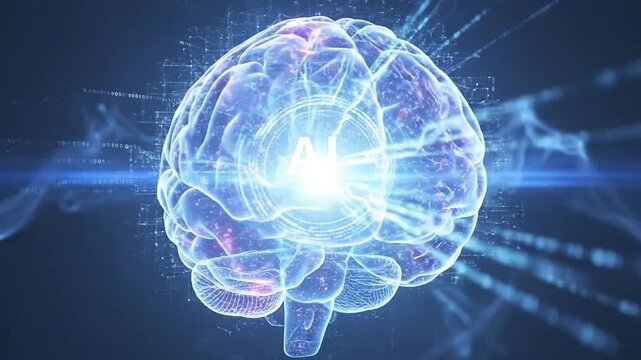 Artificial intelligence human brain digital concept with binary code and data flow on dark background