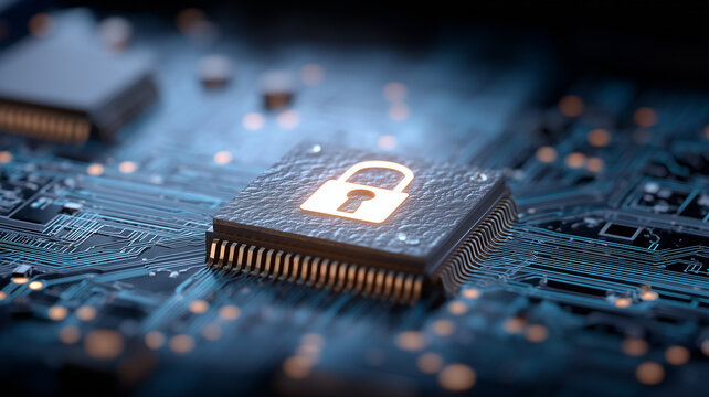 Secure microprocessor with a lock emblem highlights built in encryption and trusted execution, safeguarding credentials and critical data.
