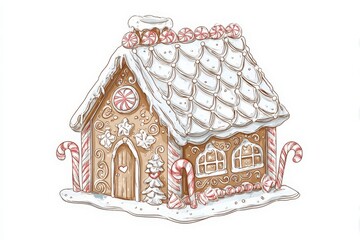 A charming gingerbread house is beautifully decorated with frosting, colorful candies, and peppermint sticks, creating a delightful holiday scene that captures the spirit of Christmas.