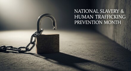 An open metal padlock and a heavy chain on a dark textured floor, brilliantly lit, representing freedom, the end of human trafficking, and slavery prevention awareness month.
