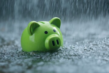 A vibrant green piggy bank is partially submerged in turbulent water, with numerous raindrops actively splashing and creating ripples around it, indicating a heavy downpour. The intense visual of the 