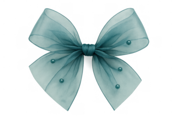 Sheer teal organza ribbon bow with decorative pearls on a transparent background, tying a gift or enhancing an accessory