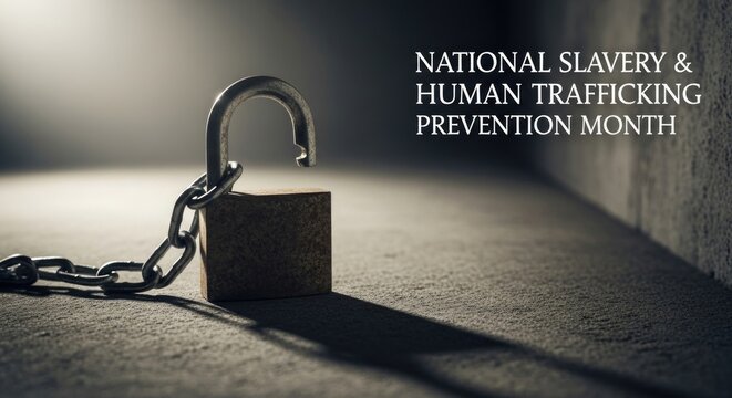 An open metal padlock and a heavy chain on a dark textured floor, brilliantly lit, representing freedom, the end of human trafficking, and slavery prevention awareness month.