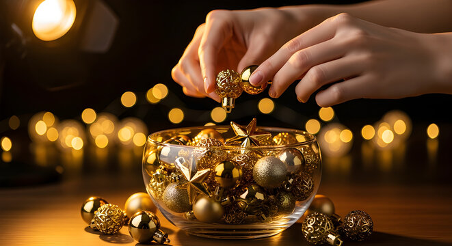 Hands decorating glass bowl with ornaments, elegant indoor festive realism.