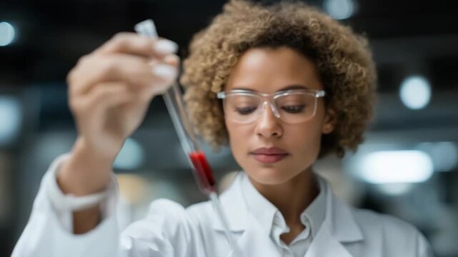 Researcher in futuristic laboratory observing blood sample anomalies through AR projections, with expressions of concern and focus, symbolizing precision diagnostics, advanced technology, and