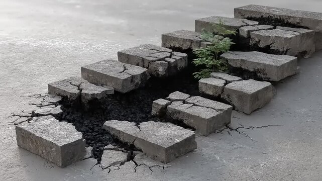 Elevated Perspective on a Visual Illusion: Deconstructed Staircase Ascending from a Cracked Surface with Unexpected Greenery and Textured Details