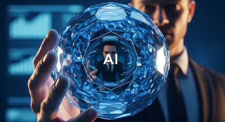 Businessman in a suit holding a glowing blue crystal sphere with the letters AI at its core, symbolizing the future.