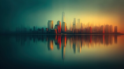Naklejka premium A vibrant city skyline is illuminated by the dawn light, with tall buildings reflecting in the calm water below. A misty background adds a peaceful touch to this urban scene.