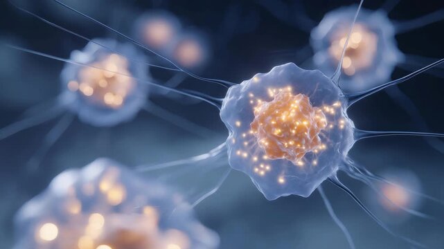 Scientific visualization of transparent multicellular structures with detailed nucleus and filamentous networks, symbolizing molecular medicine, biomedical research, and genetic architecture
