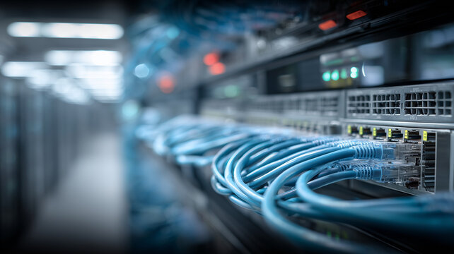 Network switch loaded with connected ethernet cables, representing enterprise connectivity, high throughput and dependable operations.
