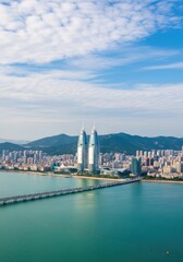 Obraz premium Xiamen Landmark Twin Towers, Bridge, Blue Sea, Cityscape, and Mountain View