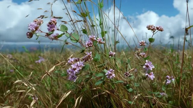 Medium shot focusing on the intricate plant arrangement in a native pollinator strip highlighting the symbiotic relationship between native flora and indigenous pollinating