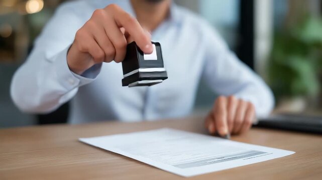 Senior auditor stamping approval on finalized financial report, face calm yet satisfied, symbolizing accuracy, fiscal accountability, audit transparency, and emotional relief in high-stakes