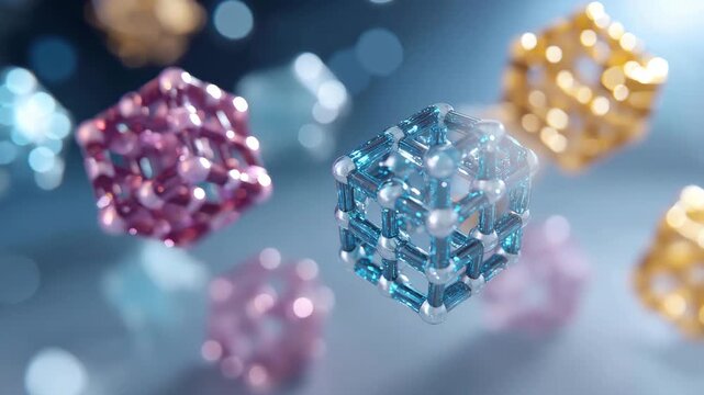 Self-assembling nanobots creating lattice structures in digital 3D render, emotion of scientific curiosity visible, symbolizing future manufacturing technology, nanoscale engineering, and AI-driven