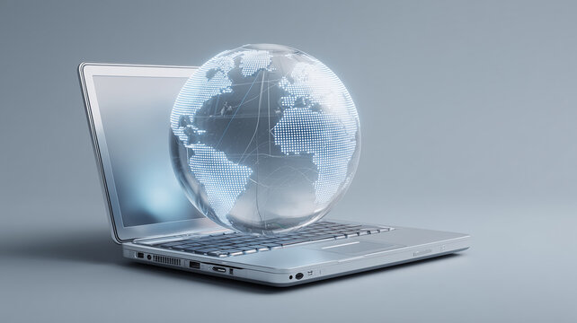 Laptop with a holographic globe emerging from the keyboard, symbolizing online business, cross border collaboration, and the modern digital economy.
