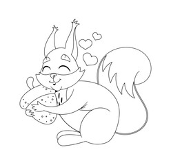 Black-and-white squirrel character hugging acorn