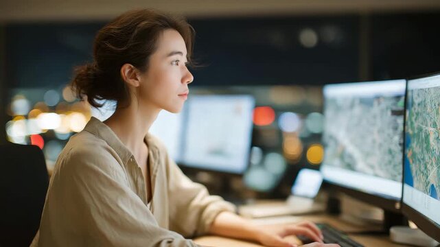 Supply chain analyst monitoring logistics dashboards, inventory levels, and procurement schedules in real time, showing concentration and problem-solving, symbolizing operational efficiency,