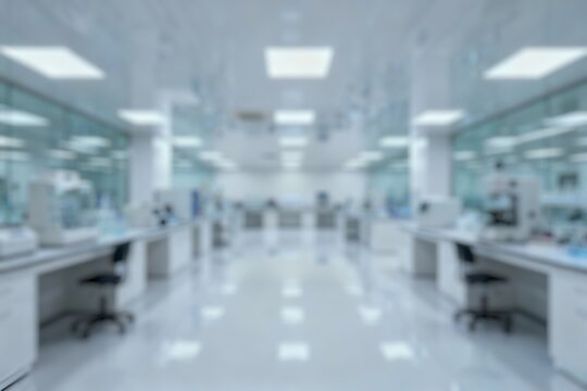 Blurred background of a pristine and modern laboratory space featuring advanced scientific equipment, clear workstations, and a bright, efficient lighting setup ideal for research and experimentation.