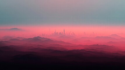 Fototapeta premium Misty mountains stretch across the foreground while a distant city skyline emerges through a vibrant pink haze at sunset.